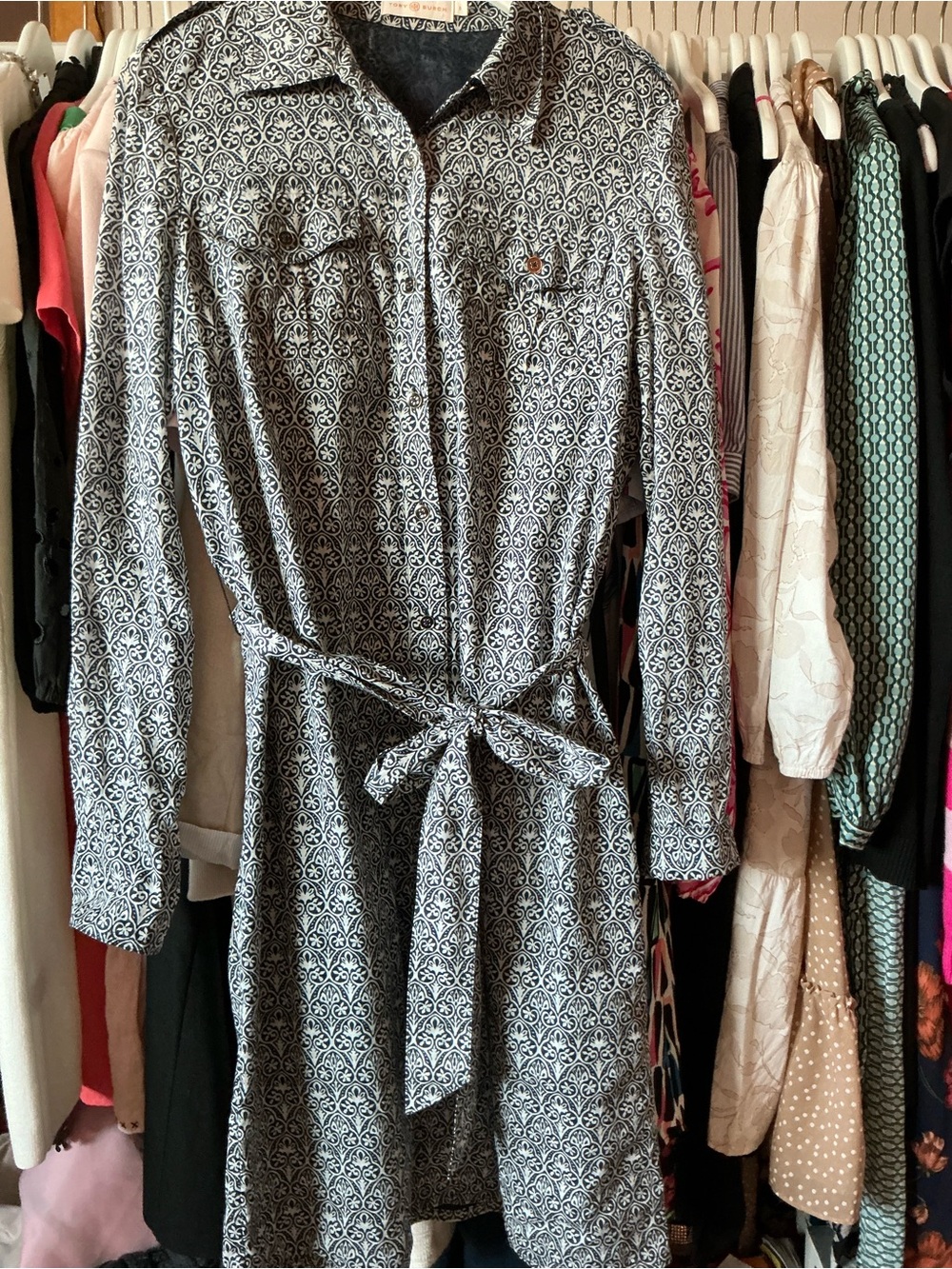 Tory Burch Navy and White Printed Long-Sleeve Shirt Dress with Tie Waist size sm